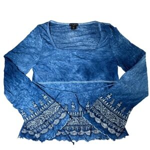 Vintage Fang Blue Crinkle Top Silver Glitter Embroidery Flared Sleeve L Y2K Boho